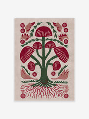 Red mushroom botanical illustration with green stems and roots, folk art style on light background