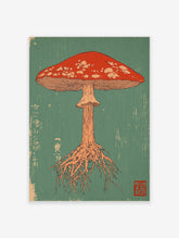 Red mushroom illustration with white spots, gills, and roots on a teal background in Japanese woodblock style