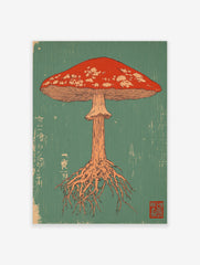 Red mushroom illustration with white spots, gills, and roots on a teal background in Japanese woodblock style