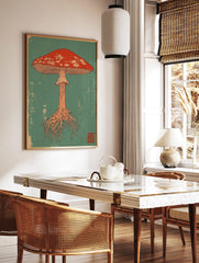 Red mushroom illustration with white spots, gills, and roots on a teal background in Japanese, in a styled room mockup