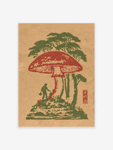Red mushroom and forager vintage Japanese woodblock art print on beige paper
