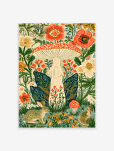 Red and white spotted mushroom with rabbit and quail in a woodland botanical art print