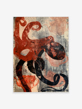 Abstract octopus wall art print with red octopus, black tentacle, and faint teapot outlines on a grey textured background