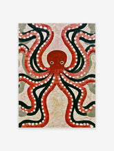 Red octopus mosaic art print with white suckers and dark green outlines on beige background