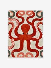 Red octopus mosaic wall art print with curling tentacles and white accents on beige background
