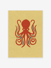 Red octopus illustration with blue accents on beige background, retro style