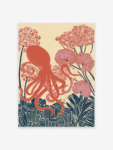 Red octopus wall art illustration with botanical flowers and plants on a cream background in an illustrative style.