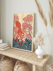 Red octopus wall art illustration with botanical flowers and plants on a cream background in an illustrative style. - Image 3