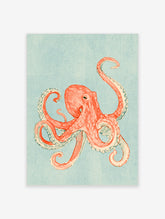 Coral-pink octopus watercolour art print with curling tentacles on pale blue-green background