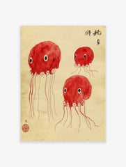 Red, multi-eyed octopus creatures illustration in Japanese ink wash style on off-white background