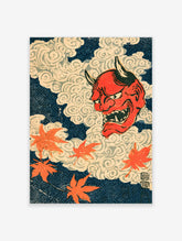 Red oni demon head with horns and fangs among swirling clouds and orange maple leaves on navy background
