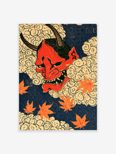 Red oni demon head with black horns and sharp teeth among cream clouds and orange maple leaves on navy background