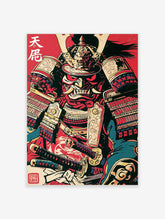 Red oni samurai poster with horned demon mask, fanged expression, crossed katana swords, and kanji text
