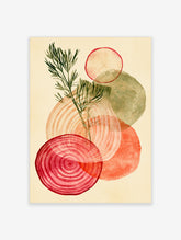 Watercolour red onion slice, pale onion rings and dill sprigs on a cream background