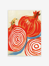 Graphic red onion cross-section illustration with spiral patterns, red and white colours, illustrative wall art print