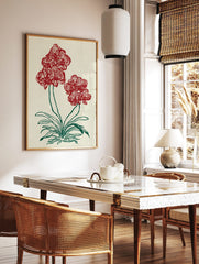 Red orchid flower botanical illustration art print with green stems and leaves on a light background, in a styled room mockup