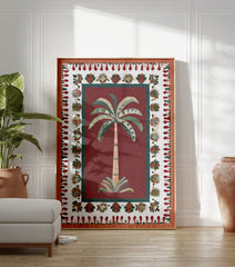 Red Palm Tree Poster with an illustrated botanical palm tree and intricate cultural border patterns in green and terracotta. - Image 3