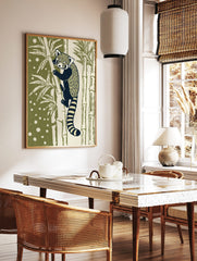 Illustrative red panda climbing bamboo art print with dark navy and cream fur, olive green, in a styled room mockup