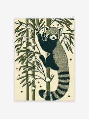 Illustrative red panda climbing bamboo stalk with green leaves and snow on a cream background, woodcut style