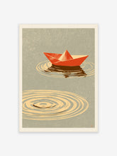 Red origami paper boat floating on rippled water, minimalist screen-print poster with sage background