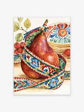 Watercolour red pear wrapped in colourful woven ribbon with red berries and patterned bowl