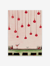 Red pendant lights hanging over a bar with cocktail glass and bottles, watercolor style, pink background