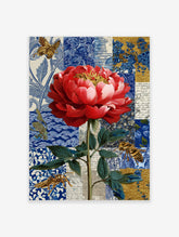 Red peony flower botanical illustration with green leaves and golden insects on a blue, white, and gold patchwork background