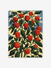 Red pepper plant illustration with red peppers and green leaves on blue and beige background