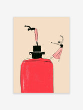 Red perfume bottle poster with two ballet dancers in pink skirts on a beige background