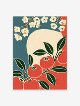 Red persimmon fruit and cream blossom branches with green leaves on a blue and red background art print