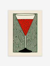 Red cocktail glass with black polka dots on green line pattern background art print