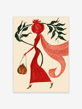Surreal red pomegranate figure with spotted scarf and green leaves art print on cream background