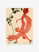 Surreal illustration of a woman with a red pomegranate head, wearing a flowing red gown and holding a tulip bag