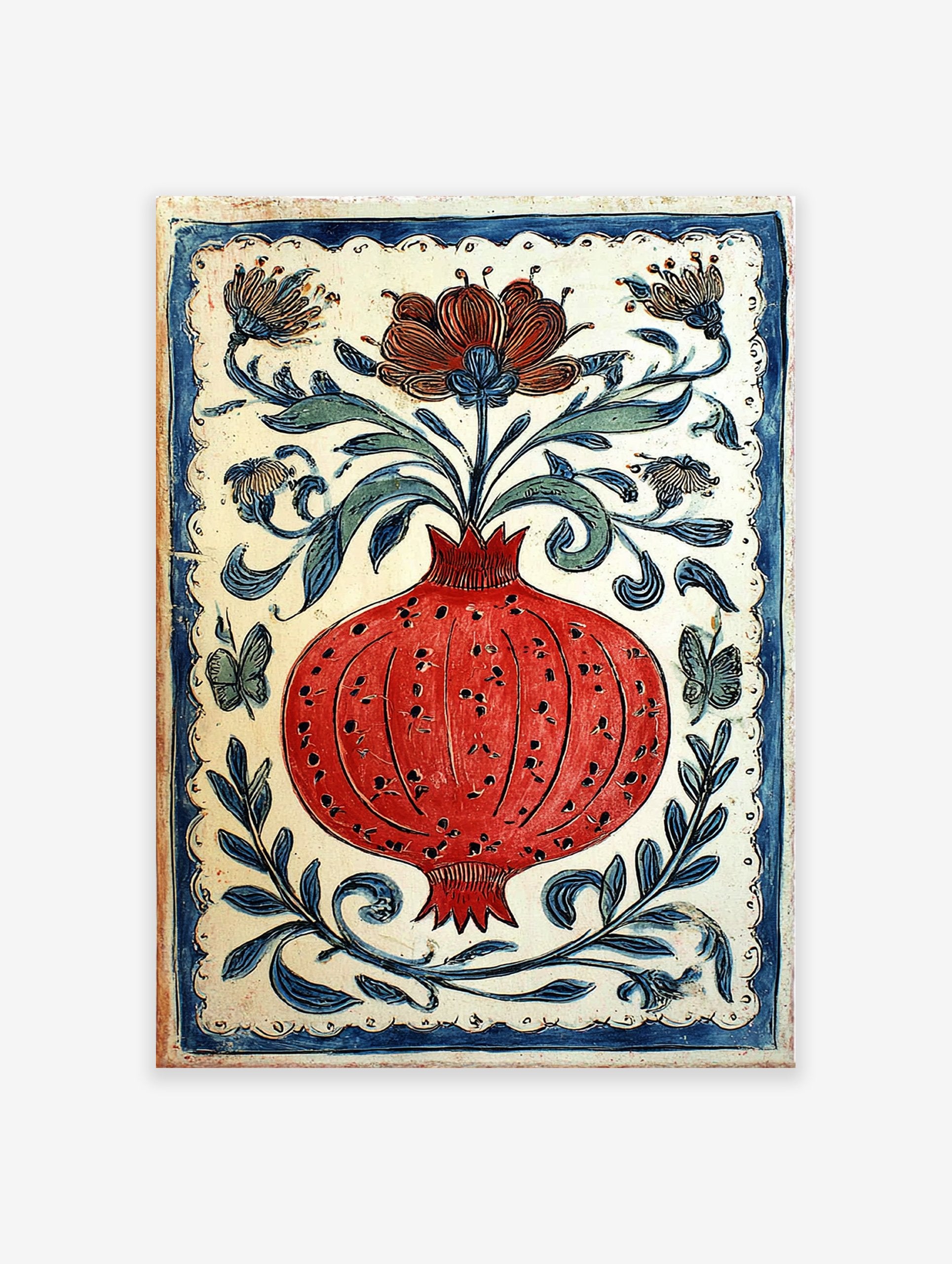 Vibrant red pomegranate poster with a blue border, surrounded by blue and green leaves, flowers, and butterflies on a white background.