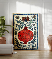 Vibrant red pomegranate poster with a blue border, surrounded by blue and green leaves, flowers, and butterflies on a white background. - Image 3