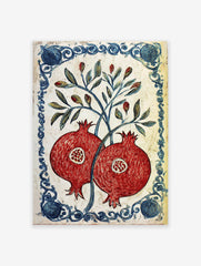 Red pomegranate botanical poster with green leaves and a blue decorative border on a white background, in a traditional illustrative style.