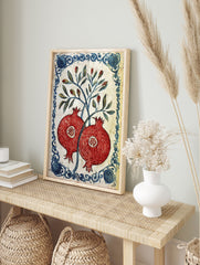Red pomegranate botanical poster with green leaves and a blue decorative border on a white background, in a traditional illustrative style. - Image 4