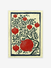 Red pomegranate botanical illustration art print with green leaves and a dark blue border on a cream background.