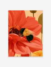 Close-up painting of a red poppy with a bumblebee on its petals, yellow and black bee, cream background