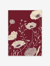 Cream line art poppy flowers and foliage on a deep maroon background in a botanical illustration print