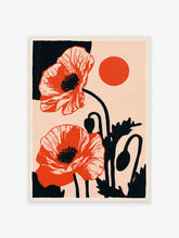 Retro illustrative red poppy flower wall art with black foliage silhouettes on a textured cream background
