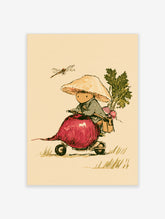 Illustration of a figure in a mushroom hat riding a red radish scooter with a dragonfly and leafy greens