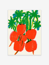 Red radish vegetable art print with green leafy tops on white background