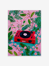 Red record player surrounded by pink flowers and green leaves on teal background, botanical music art print