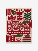 Stylised red record player wall art with botanical flowers and hands in a vibrant folk art illustration style