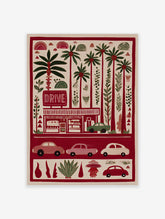 Red retro drive-in poster with palm trees, vintage cars, and DRIVE sign