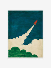 Red rocket poster with white smoke trail, blue sky, cream clouds and green treetops