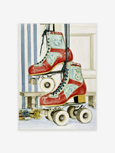 Red roller skates with cream panels and blue laces illustration on striped background