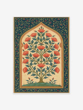 Red rose tree in a Mughal-style arch with navy floral border on cream background