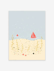 Illustrative coastal scene with red sailboats on blue water, golden seaweed, and red starfish on a sandy seabed